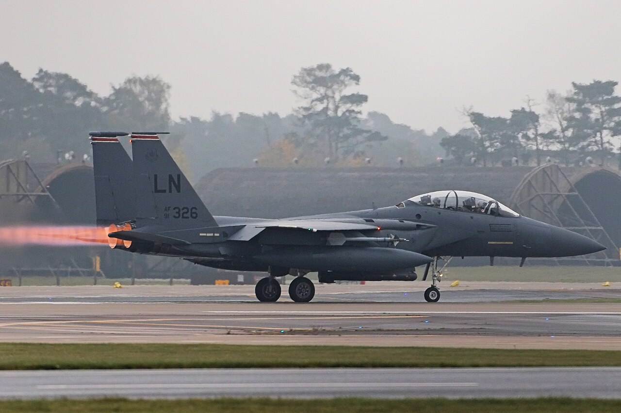 A US Air Force F-15E Strike Eagle, the aircraft type shot down over Iran on April 3, 2026, prompting the CIA-supported rescue mission. Every strike in the Iran war carries the signature of a specific airframe and a specific weapon. (Wikimedia Commons)